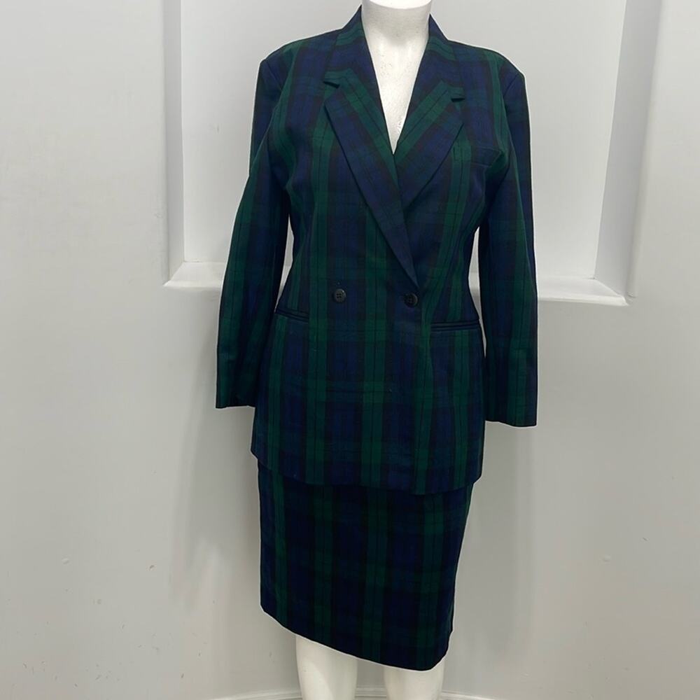 Theomiles Women's Vintage Wool Jacket & Skirt Set Blue Green Plaid Size 14